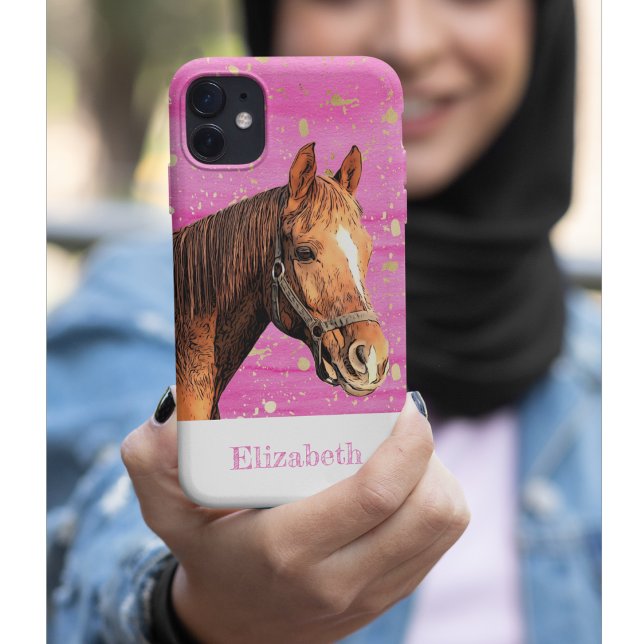 Capa Para iPhone 11 Pro Cavalo Traseiro Nome Animal Rosa Dourado Bonito (Criador carregado)