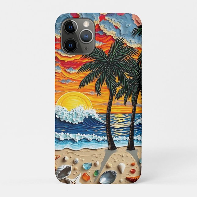 Capa Para iPhone 11 Pro Cena de Praia Linda com Palmeiras   (Verso)