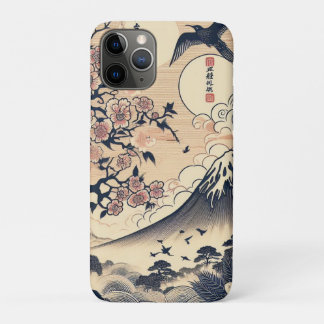 Capa Para iPhone 11 Pro Cerejeira em Flor Grou Xilogravura Japonesa Monte