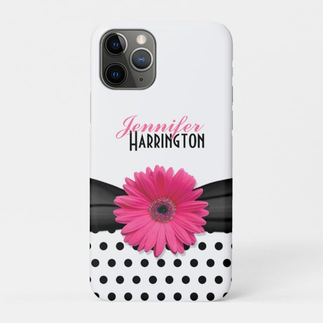 Capa Para iPhone 11 Pro Chic Trendy Pink Gerbera Daisy Bolinhas (Verso)