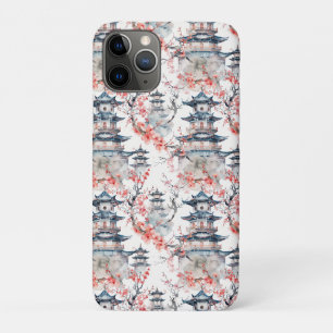 Capa Para iPhone 11 Pro Chinoiserie Pagode Azul Floral Rosa Blossom