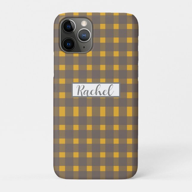 Capa Para iPhone 11 Pro Cinza Amarela Gingham Personalizada (Verso)
