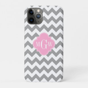 Capa Para iPhone 11 Pro Cinza Branca de Quatrefoil Rosa Quatrefoil 3 Monog