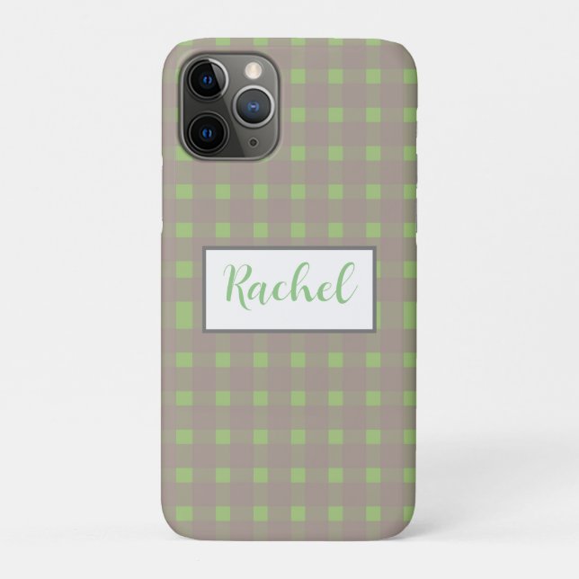 Capa Para iPhone 11 Pro Cinza Verde Gingham Personalizado (Verso)