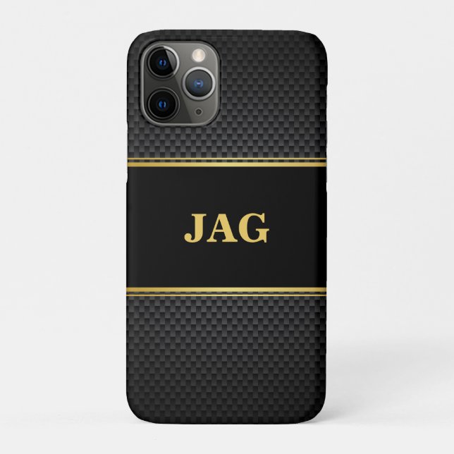 Capa Para iPhone 11 Pro Classy Gold Black Textured Monogram (Verso)