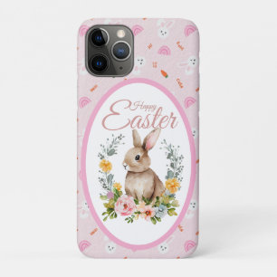 Capa Para iPhone 11 Pro Coelhinho Floral de Aquarela Adorável na Páscoa