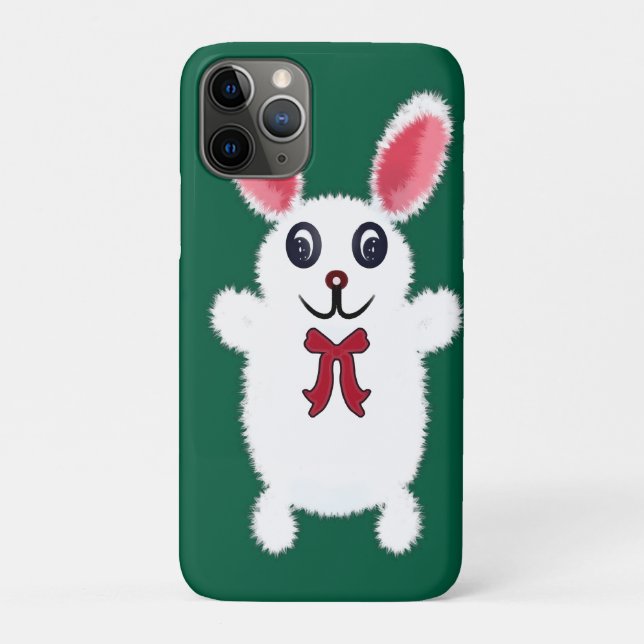 Capa Para iPhone 11 Pro Coelho Branco Fofinho e Felpudo com Laço Vermelho  (Verso)