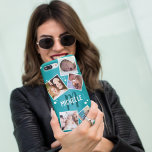 Capa Para iPhone 11 Pro Colagem de Fotos da Família Teal Divertida<br><div class="desc">Capas de iphone feminina personalizada com fundo texturizado de na moda,  5 fotos da família,  estrelas brancas,  sua inicial e nome.</div>