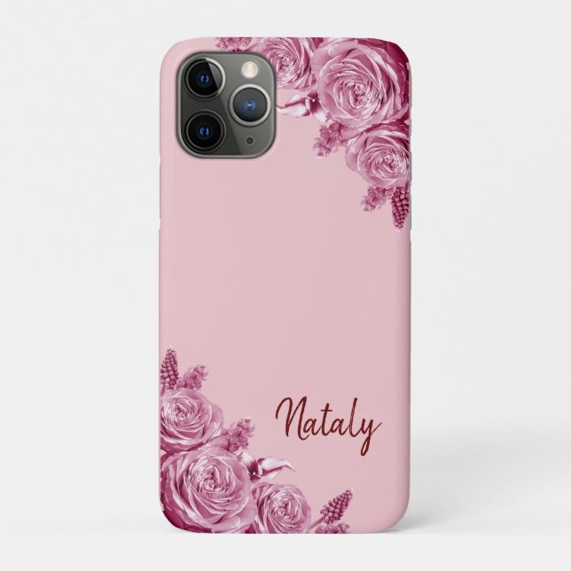 Capa Para iPhone 11 Pro Composição de flores rosa com nome (Verso)