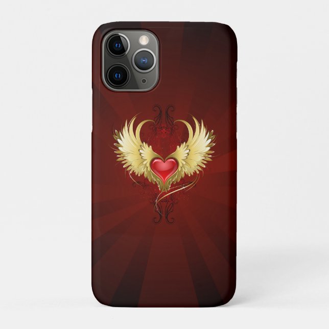Capa Para iPhone 11 Pro Coração Vermelho com Asas Ouros (Verso)