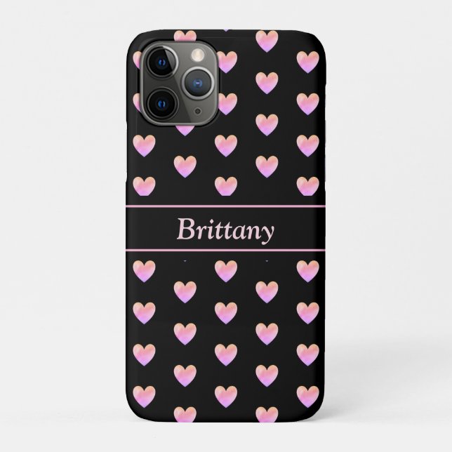 Capa Para iPhone 11 Pro Corações Rosa Moderno em Preto (Verso)