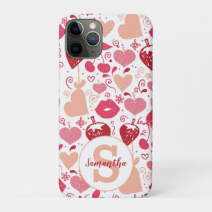 Capa Para iPhone 11 Pro Corações Vermelhos Cor-de-Rosa Bonito Lábios Monog
