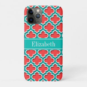 Capa Para iPhone 11 Pro Coral Red, Teal Marroquino #5DS Teal Name Monogram