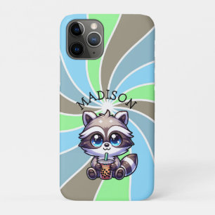Capa Para iPhone 11 Pro Cute Kawaii Raccoon com Bubble Tea Personalizado