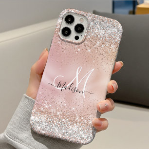 Capa Para iPhone 11 Pro Cute monograma de purpurina prateada falsa em rose