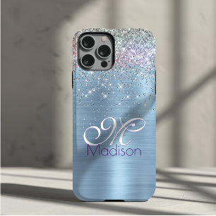 Capa Para iPhone 11 Pro Cute monograma iridescente de brilho falso azul ge