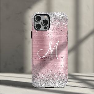 Capa Para iPhone 11 Pro Cute rose blush monograma de brilho falso prateado