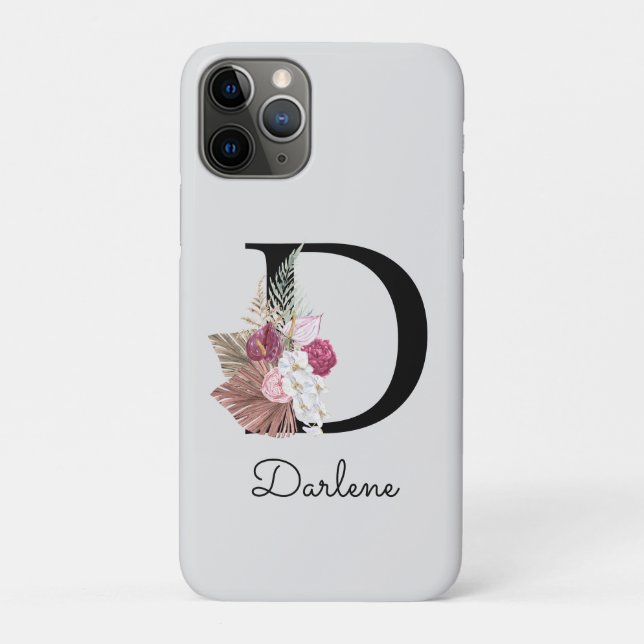 Capa Para iPhone 11 Pro D Inicial Rosa Boho Floral Monogramado (Verso)