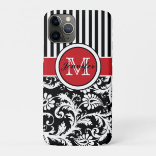 Capa Para iPhone 11 Pro Damasco branco branco preto monograma, vermelho