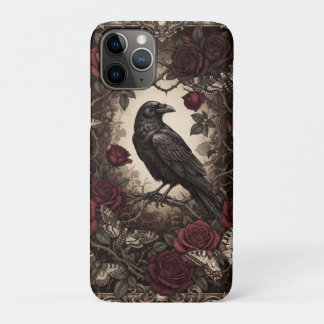 Capa Para iPhone 11 Pro Desenho de Moldura Vintage com Corvo Gótico e Rosa