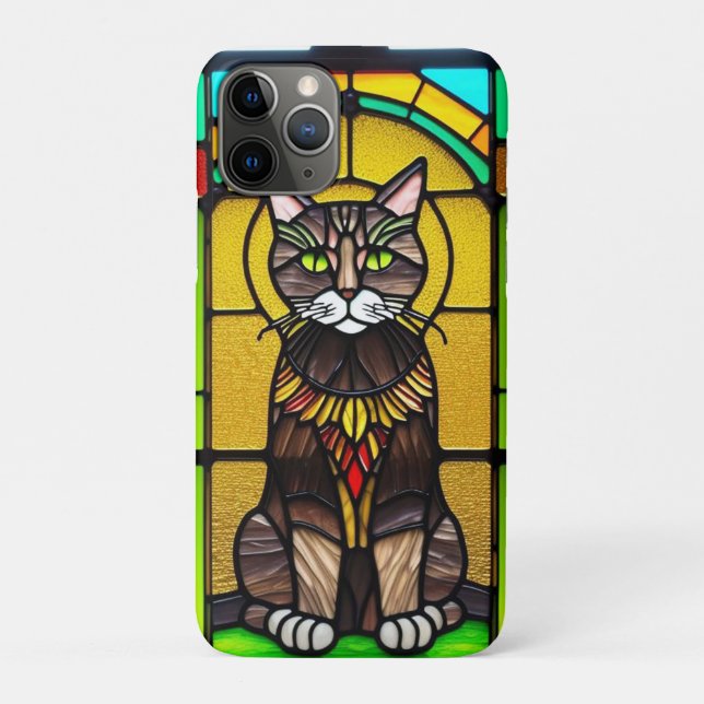 Capa Para iPhone 11 Pro Desenho de Vitral com Gato (Verso)