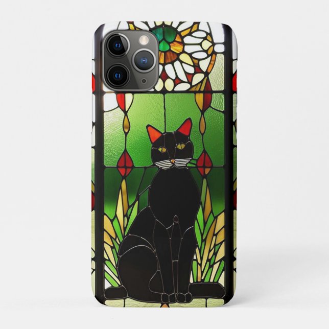 Capa Para iPhone 11 Pro Desenho de Vitral com Gato (Verso)