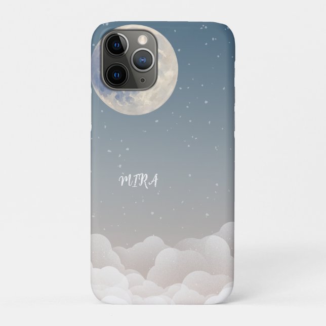 Capa Para iPhone 11 Pro Desenho Sonhador de Lua e Nuvens Céu Azul (Verso)
