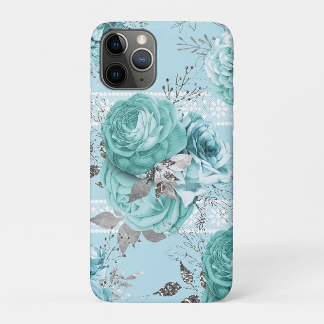 Capa Para iPhone 11 Pro Detalhes do rendas do Rosa de Prata Azul (Verso)