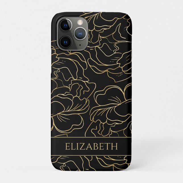 Capa Para iPhone 11 Pro Dourado Floral Preto Personalizado (Verso)