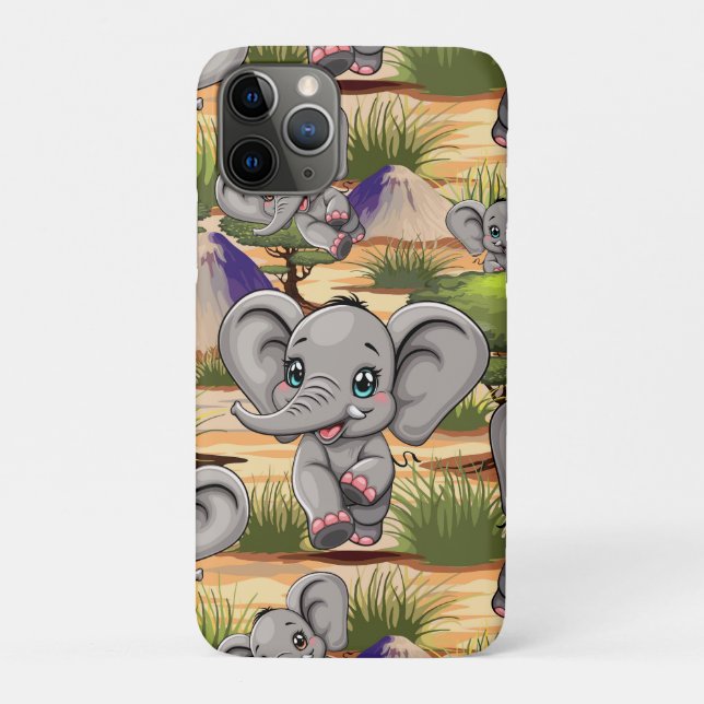 Capa Para iPhone 11 Pro Elefante Bebê Pulando Feliz em Savana Africana (Verso)