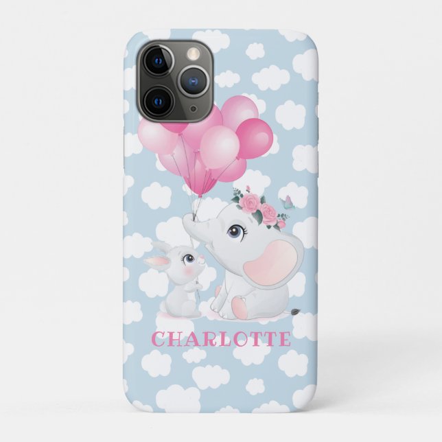 Capa Para iPhone 11 Pro Elefante Feminino e Coelho com Flores e Balão (Verso)