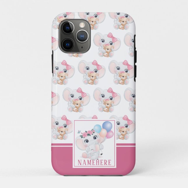 Capa Para iPhone 11 Pro Elefante Rosa Feminino com Laço e Padrão de Balão (Verso)