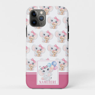 Capa Para iPhone 11 Pro Elefante Rosa Girly com Padrão de Arco e Balão