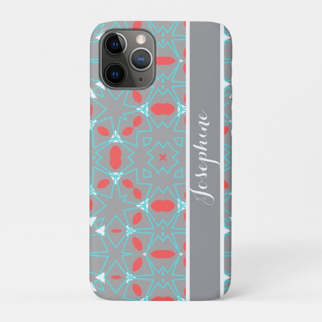 Capa Para iPhone 11 Pro Elegant Coral Turquoise Grey Geometric Pattern  (Verso)