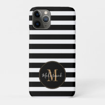 Elegante Black and White Stripes Monograma Dourado