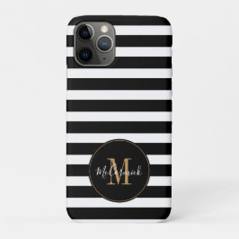 Capa Para iPhone 11 Pro Elegante Black and White Stripes Monograma Dourado