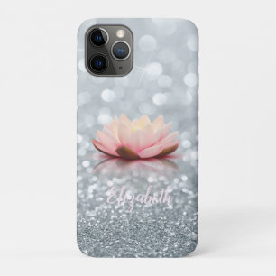 Capa Para iPhone 11 Pro Elegante Girly Silver Glittery Bokeh Lotus