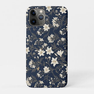 Capa Para iPhone 11 Pro Elegante Lírio Floral Azul Naval e Dourado