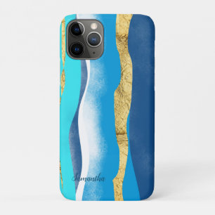 Capa Para iPhone 11 Pro Elegante Na moda Oceano Ondas Azuis Dourada Aquare