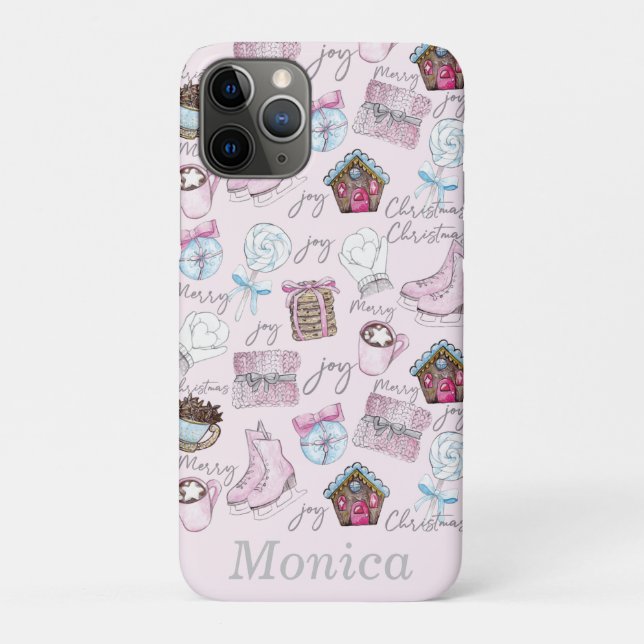 Capa Para iPhone 11 Pro Elementos de Natal Rosa de Aquarela Personalizados (Verso)