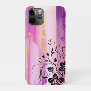 Capa Para iPhone 11 Pro em tons rosa e flores pretas