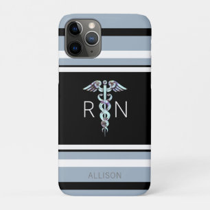 Capa Para iPhone 11 Pro Enfermeiro RN Caduceus Blue Stripes Personalizadas