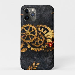Capa Para iPhone 11 Pro Engrenagens Douradas Antigas & Neon Vermelho Ciber