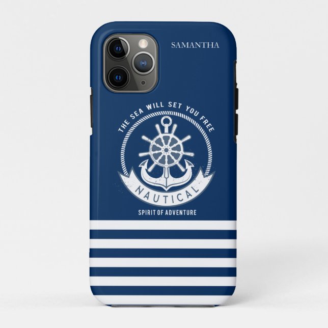 Capa Para iPhone 11 Pro Espírito Náutico Âncora,Roda, Azul Marinho (Verso)