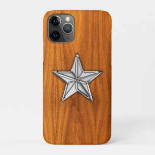 Capa Para iPhone 11 Pro Estrela Náutica Chrome no Teak Veneer Impressão