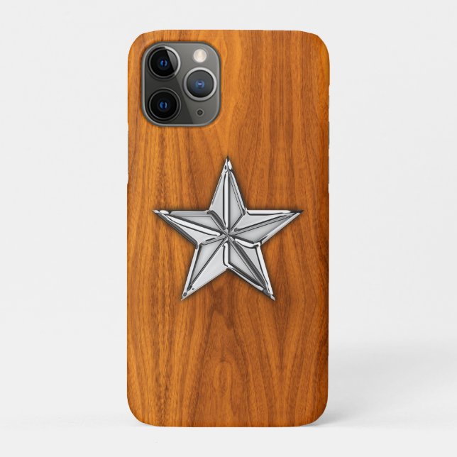 Capa Para iPhone 11 Pro Estrela Náutica Chrome no Teak Veneer Impressão (Verso)