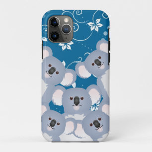 Capa Para iPhone 11 Pro Família Feliz de Coalas com Flor Azul e Folhas