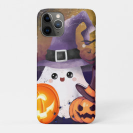 Capa Para iPhone 11 Pro Fantasma de Halloween Fofo com Chapéu de Bruxa e A