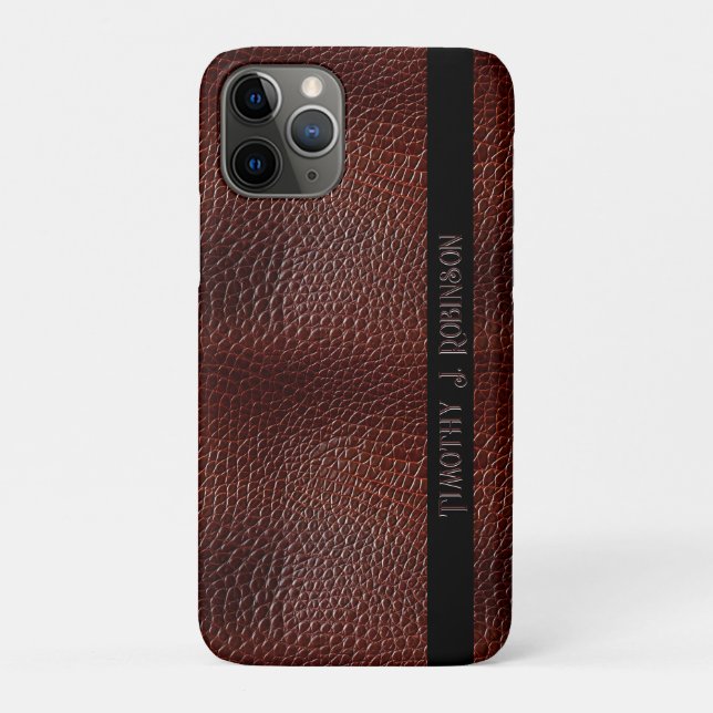 Capa Para iPhone 11 Pro Faux Leather Brown Personalizada Emboscada (Verso)
