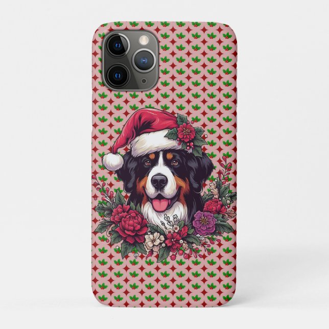 Capa Para iPhone 11 Pro Feliz Natal Papais noeis Florais Bernese Mountain  (Verso)